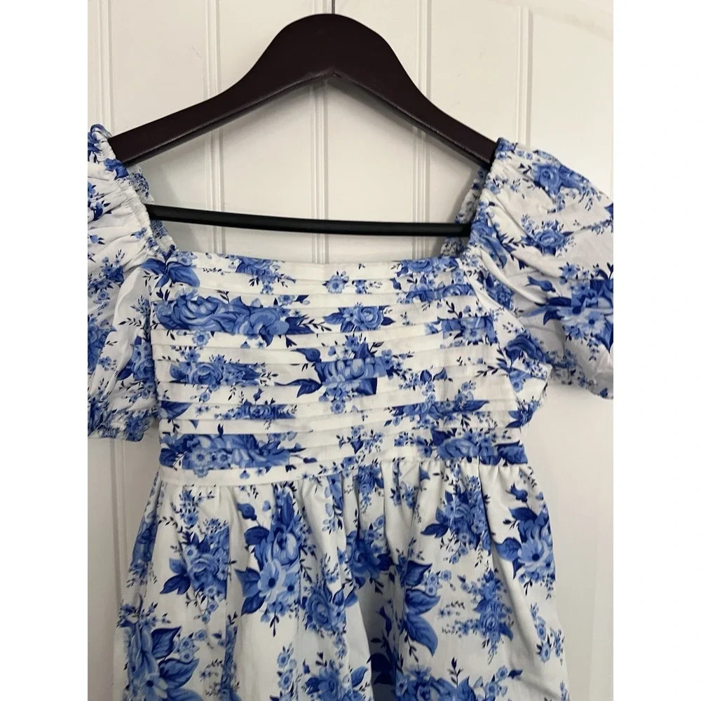 Rare Editions Girls 12 Blue Floral Dress Empire Waist Knee Puff Sleeves 587